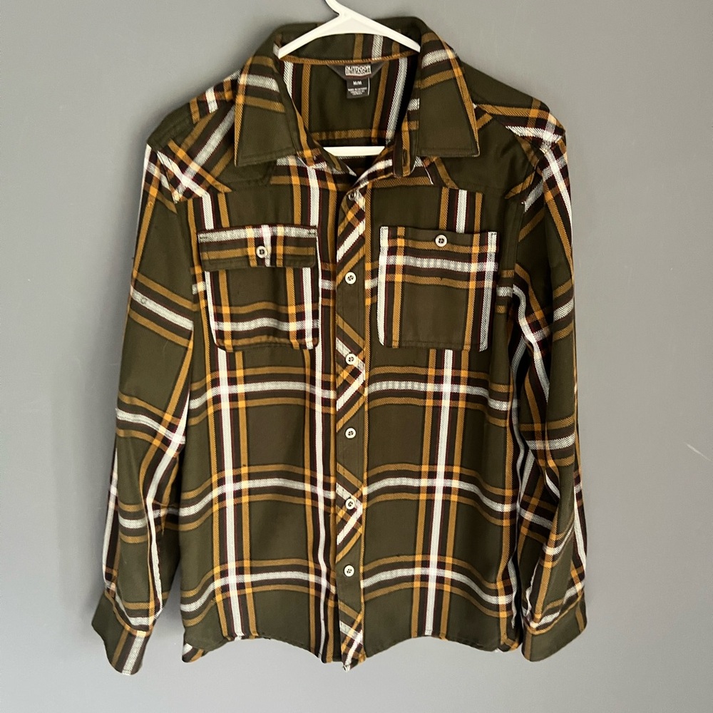 Outdoor Research Feedback Flannel Shirt Mens M Plaid Button Up Green Gold